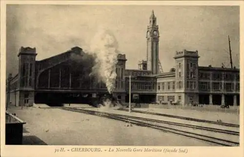 Ak Cherbourg Manche, Nouvelle Gare Maritime, Facade Sud, Dampflokomotive