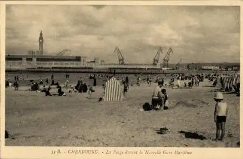 Ak Cherbourg Manche, Plage devant la nouvelle Gare Maritime