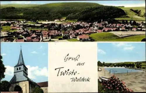 Ak Twiste Twistetal Hessen, Panorama, Kirche, Freibad