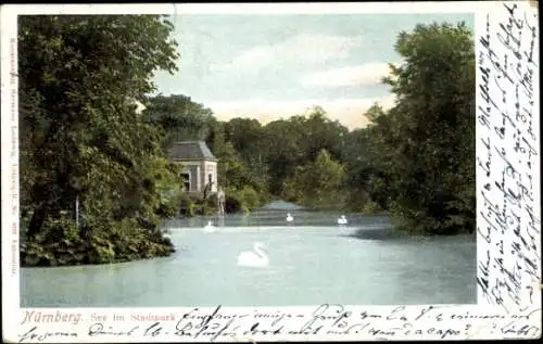 Ak Nürnberg in Mittelfranken, Stadtpark, See, Schwäne