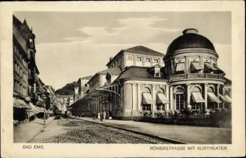 Ak Bad Ems an der Lahn, Römerstraße mit Kurtheater, Hauptbahnhof Restaurant