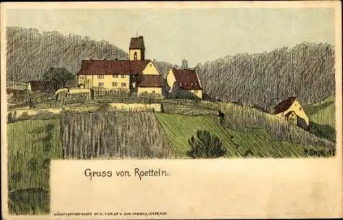 Künstler Litho H. Dauer, Rötteln Lörrach, Blick zum Schloss, Felder