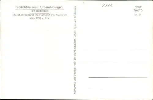 Ak Uhldingen Mühlhofen am Bodensee, Freilichtmuseum, Steinsägenapparat im Pfahldorf der Steinzeit