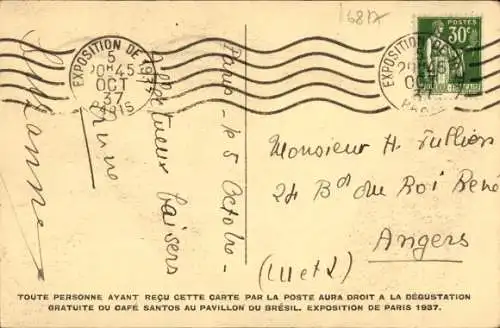 Ak Café Santos, Exposition de Paris 1937, Pavillon du Brésil