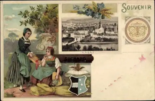 Litho Aarau Kanton Aargau, Reklame, Chocolat Suchard, Frauen in Trachten, Stadtansicht