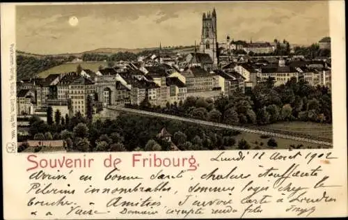 Mondschein Litho Fribourg Freiburg Stadt Schweiz, Gesamtansicht