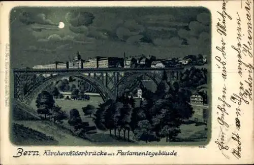 Mondschein Litho Bern Stadt Schweiz, Kirchenfelderbrücke, Parlamentsgebäude