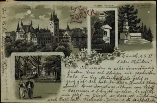 Mondschein Litho Zürich Stadt Schweiz, Landesmuseum, Gessner-Denkmal, Promenade