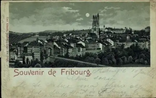 Mondschein Litho Fribourg Freiburg Stadt Schweiz, Gesamtansicht