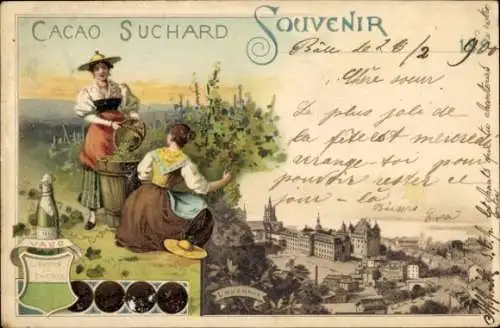 Litho Lausanne Kanton Waadt, Cacao Suchard, Gesamtansicht, Frauen in Tracht