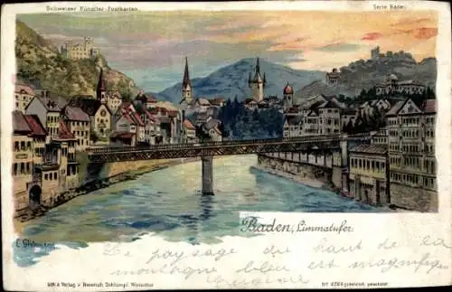 Künstler Litho Steinmann, Baden Kt. Aargau, Limmatufer, Dämmerung