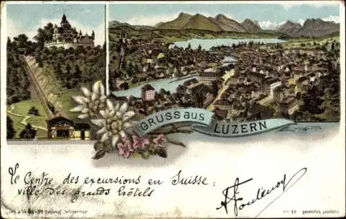 Litho Luzern Stadt Schweiz, Schloss, Panorama, Edelweiß