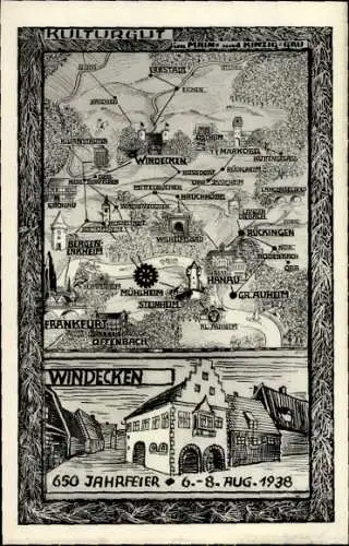 Landkarten Ak Windecken Nidderau in Hessen, 650 Jahrfeier 1938, Kulturgut im Main und Kinzig Gau