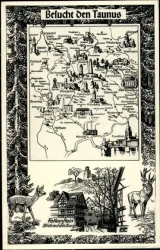 Landkarten Ak Falkenstein Königstein im Taunus, Burg, Hirsch