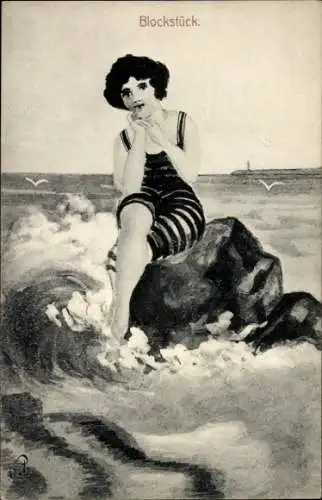 Künstler Ak Blockstück, Frau im Badeanzug auf einem Felsen im Meer