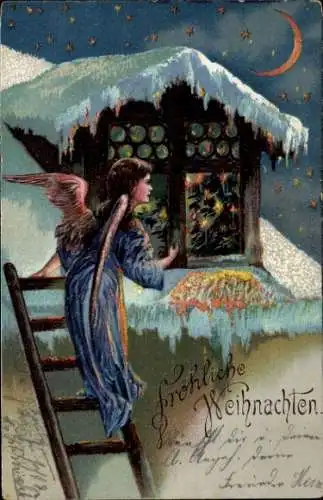 Litho Glückwunsch Weihnachten, Engel schaut durch ein Fenster, Mondschein