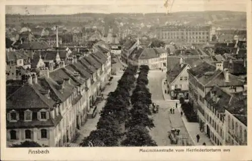 Ak Ansbach in Mittelfranken Bayern, Maximilianstraße vom Herriedertorturm aus