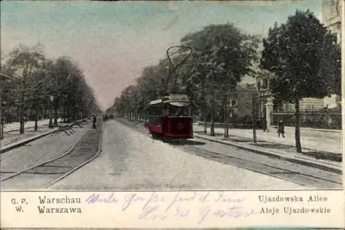 Ak Warszawa Warschau Polen, Ujazdowska Allee, Straßenbahn