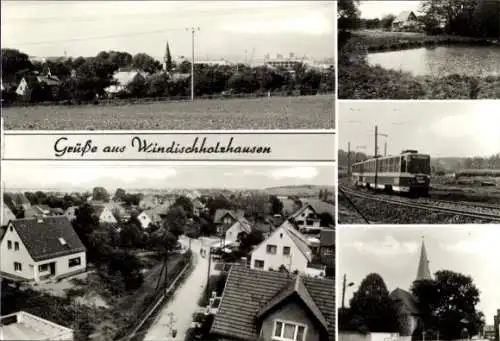 Ak Windischholzhausen Erfurt in Thüringen, Stadtansichten, Straßenbahnzug, Kirche, Fischteich