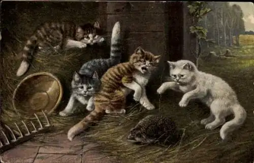 Litho Katzen haben einen Igel gefunden, Stroh, Harke, Bauernhof