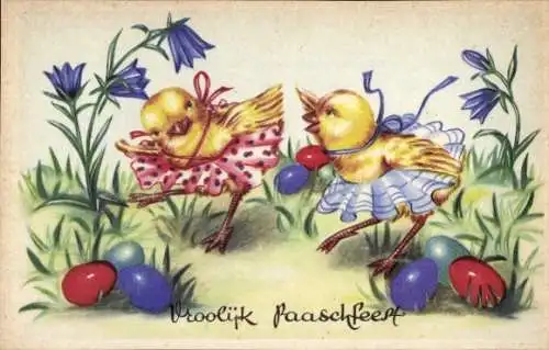 Ak Glückwunsch Ostern, Tanzende Küken, Ostereier, Blumen