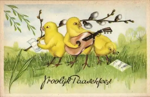 Ak Glückwunsch Ostern, Musizierende Küken, Weidenkätzchen, Gitarre