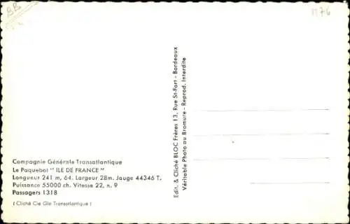 Ak Passagierschiff Ile de France, CGT