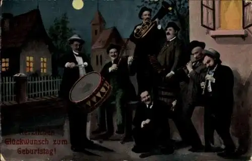 Ak Glückwunsch Geburtstag, Musizierende Männer im Mondschein