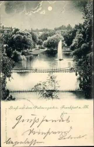 Mondschein Ak Frankfurt am Main, Palmengarten, Hängebrücke, Teich, Fontäne, Bäume