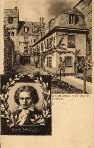 Ak Bonn am Rhein, Geburtshaus Beethovens, Portrait mit Eichenkranz