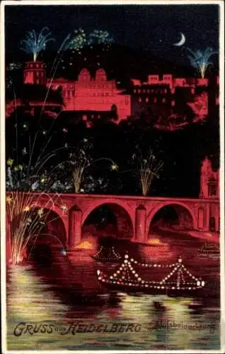 Litho Heidelberg am Neckar, Schlossbeleuchtung bei Nacht, Feuerwerk, Brücke