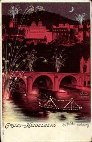 Litho Heidelberg am Neckar, Schlossbeleuchtung bei Nacht, Feuerwerk, Brücke