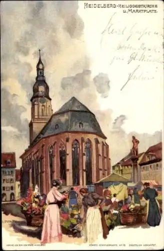 Künstler Litho Pfaff, C., Heidelberg am Neckar, Heiliggeistkirche und Marktplatz