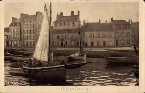 Ak Cherbourg Manche, Promenade, Segelboot