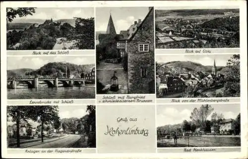 Ak Hohenlimburg Hagen in Westfalen, Schloss, Burgfried, Schmiedeeiserner Brunnen, Lennebrücke