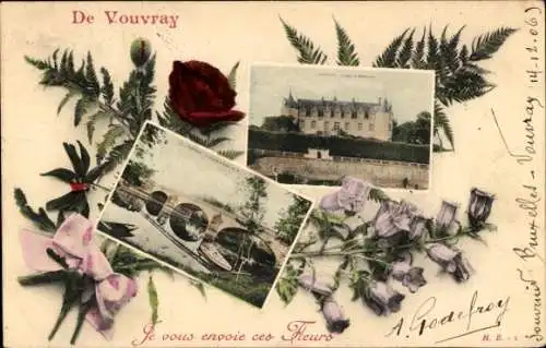 Passepartout Ak Vouvray Indre et Loire, Schloss, Brücke, Blumenstrauß