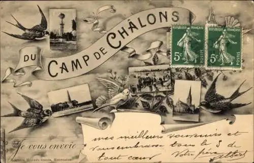 Ak Camp de Chalons, Detailansichten, Schwalben, Tauben