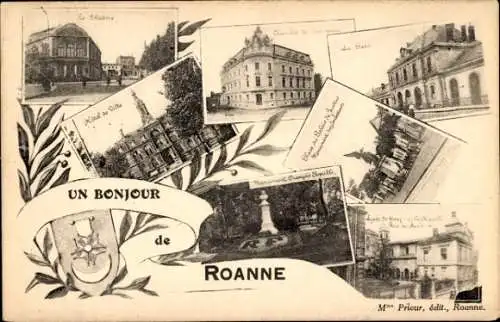 Passepartout Ak Roanne Loire, Stadtansichten, Denkmal, Wappen, Rathaus