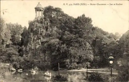 Ak Paris XIX Buttes Chaumont, Lac, Rocher