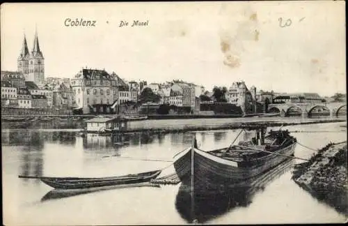 Ak Koblenz am Rhein, Teilansicht, Kirche, Brücke, Schiff