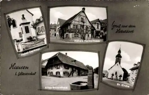 Ak Hausen im Wiesental, Hebeldorf, Hebel-Denkmal, Hebels Heimathaus, Altes Bauernhaus, Ev. Kirche