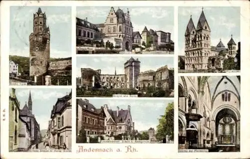 Ak Andernach am Rhein, runder Turm, Burghof, Ruine, Pfarrkirche, hohe Straße, evangelische Kirche