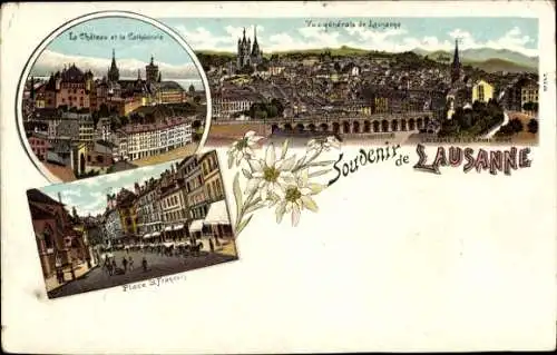 Litho Lausanne Kanton Waadt, Schloss, Kathedrale, Place St. Francois