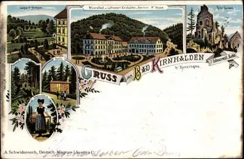 Litho Bad Kirnhalden Kenzingen im Breisgau, Quelle, Kapelle, Parkanlangen, Schwarzwälderin