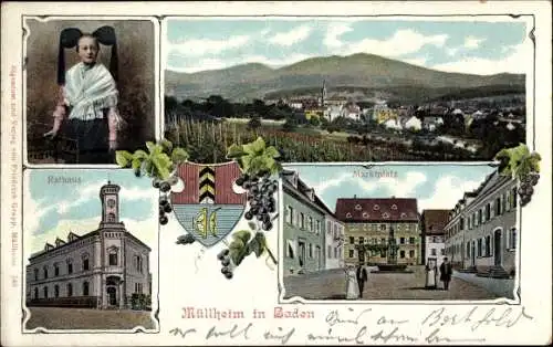 Ak Müllheim in Baden Markgräflerland, Panorama, Marktplatz, Rathaus, Frau in Tracht, Wappen