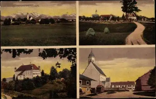 Ak Großhöhenrain Feldkirchen Westerham in Oberbayern, Panorama, Kirche, Schloss