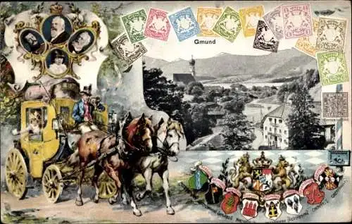 Präge Wappen Briefmarken Passepartout Ak Gmund am Tegernsee Oberbayern, Panorama, Postkutsche