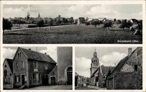 Ak Blödesheim Hochborn Rheinhessen, Gesamtansicht, Kirche, Geschäftshaus Jakob Flörsch