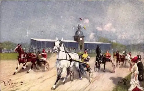 Künstler Ak Trabrennen, Zuschauer, Pferderennbahn