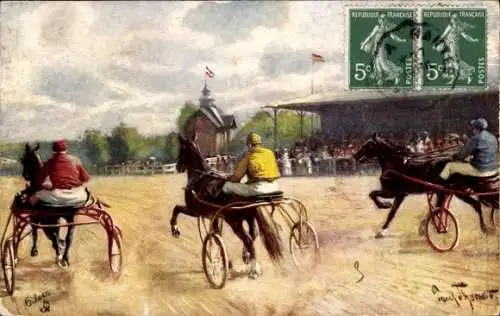 Künstler Ak Trabrennen, Zuschauer, Pferderennbahn